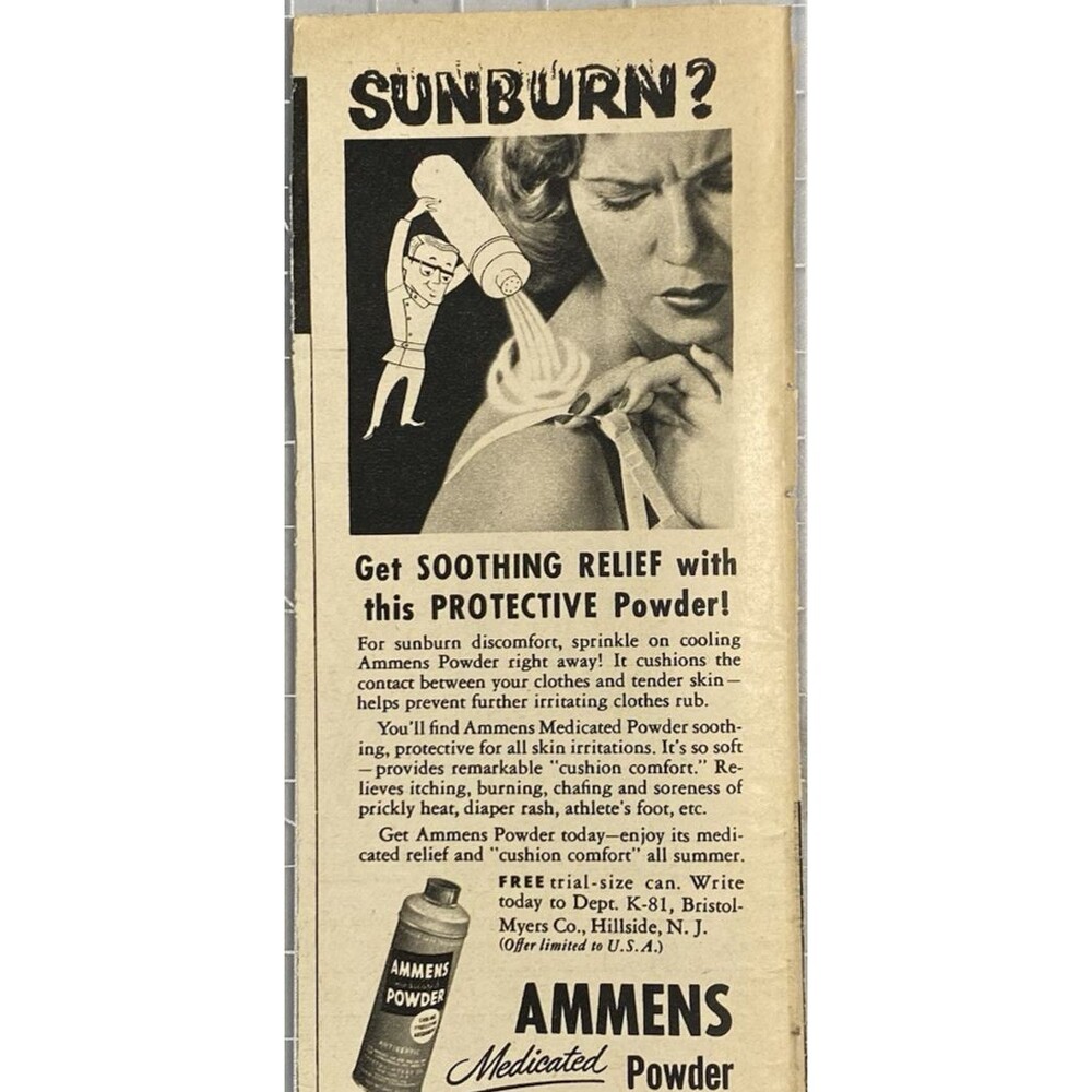 AMMENS Medicated Powder "Sunburn? Get Soothing Relief" Vintage Print Ad 1951